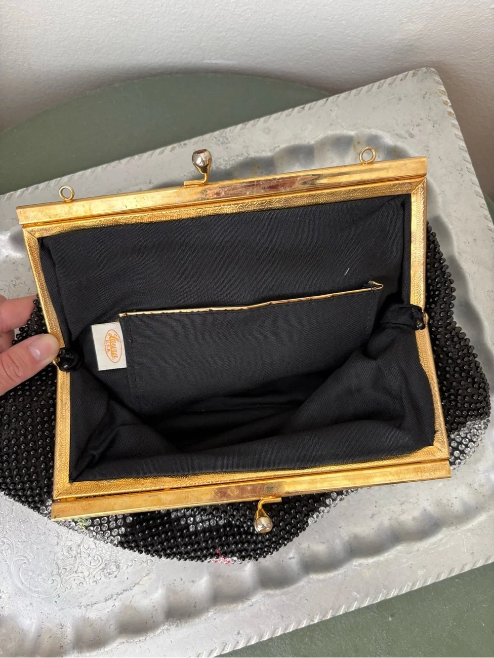 Vintage Black Beaded Floral Dot Clutch with Gold Frame